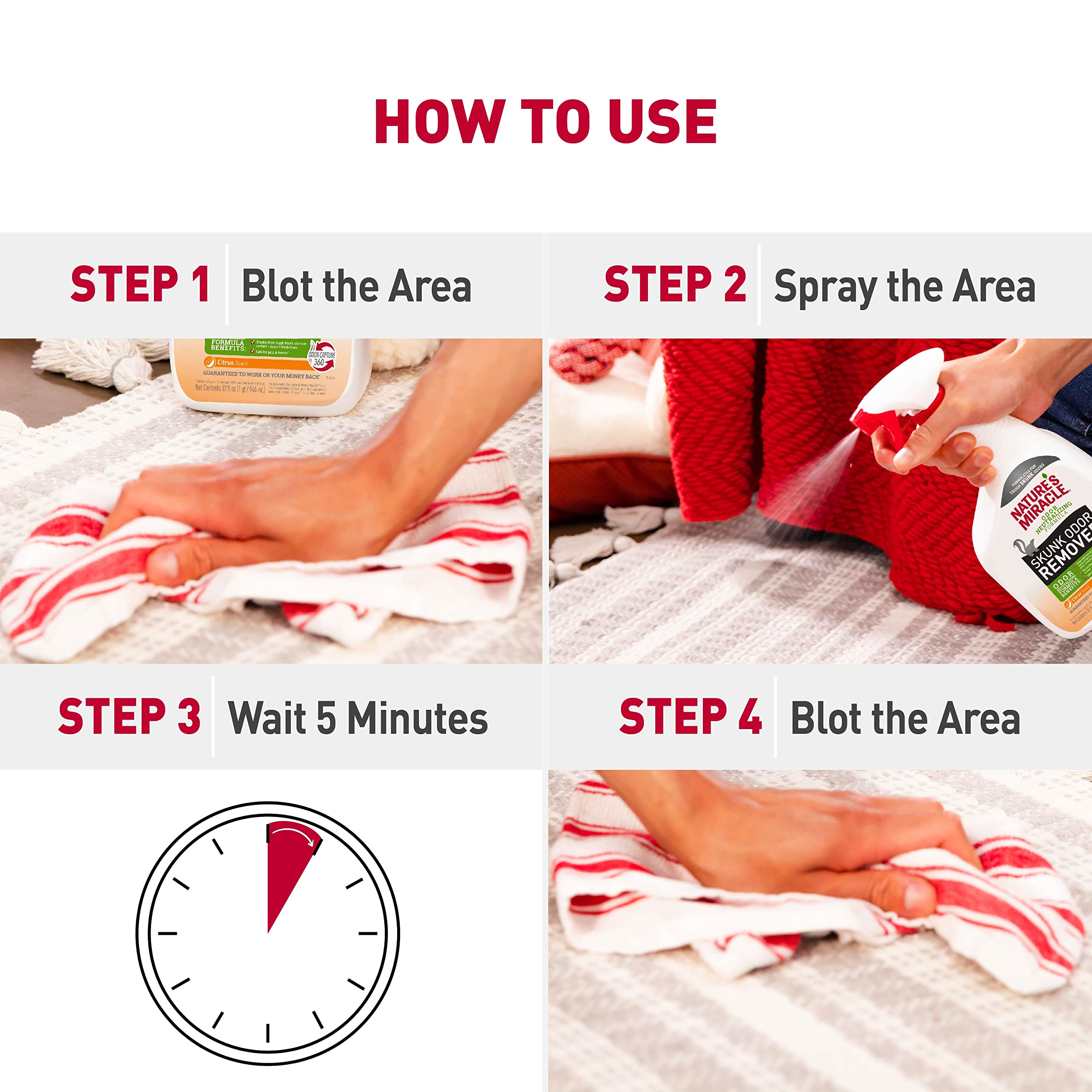 Application sur meubles avec Nature’s Miracle Skunk Odor Remover pour odeur réduite.