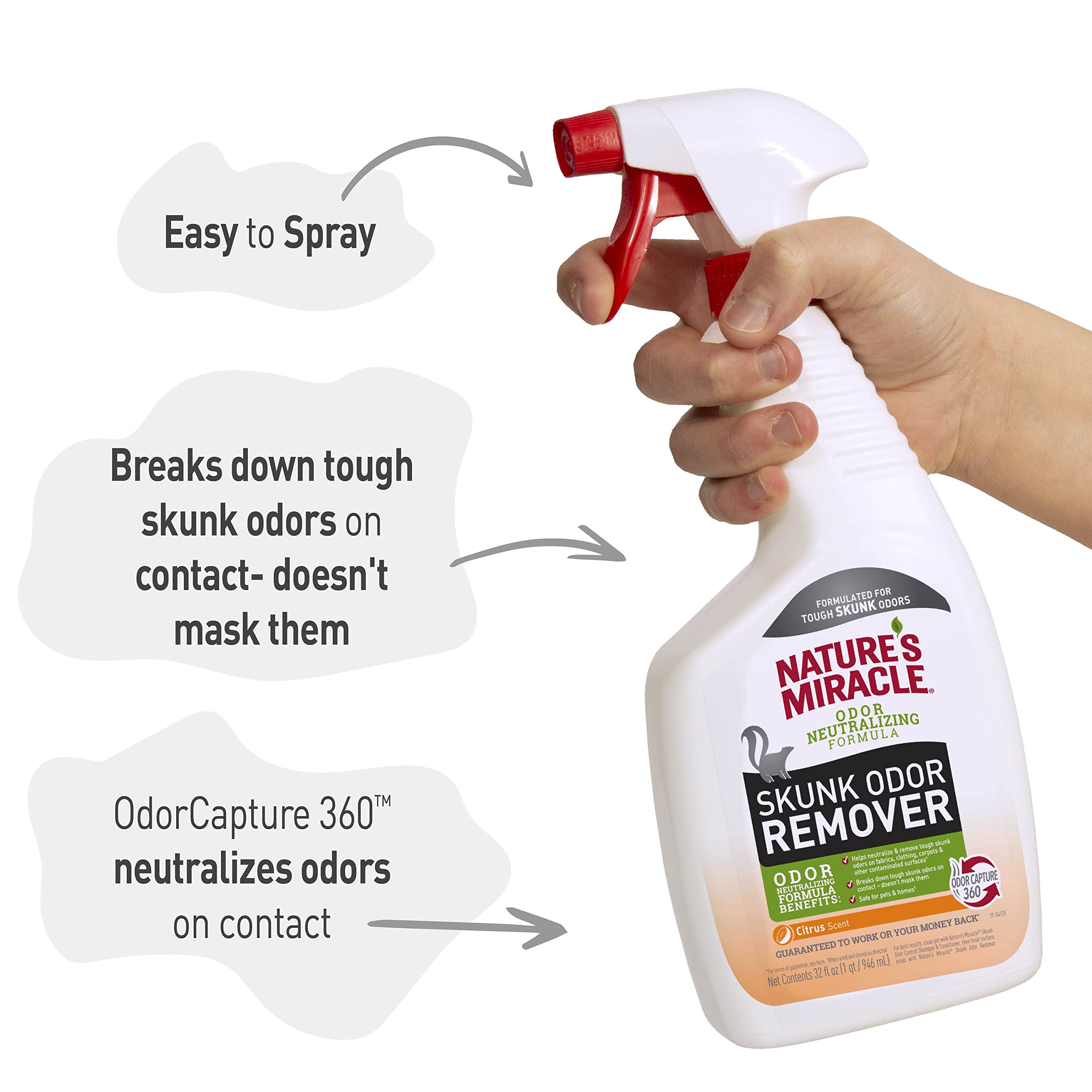 Capture d’odeur 360 dans Nature’s Miracle Skunk Odor Remover sur surfaces textiles.