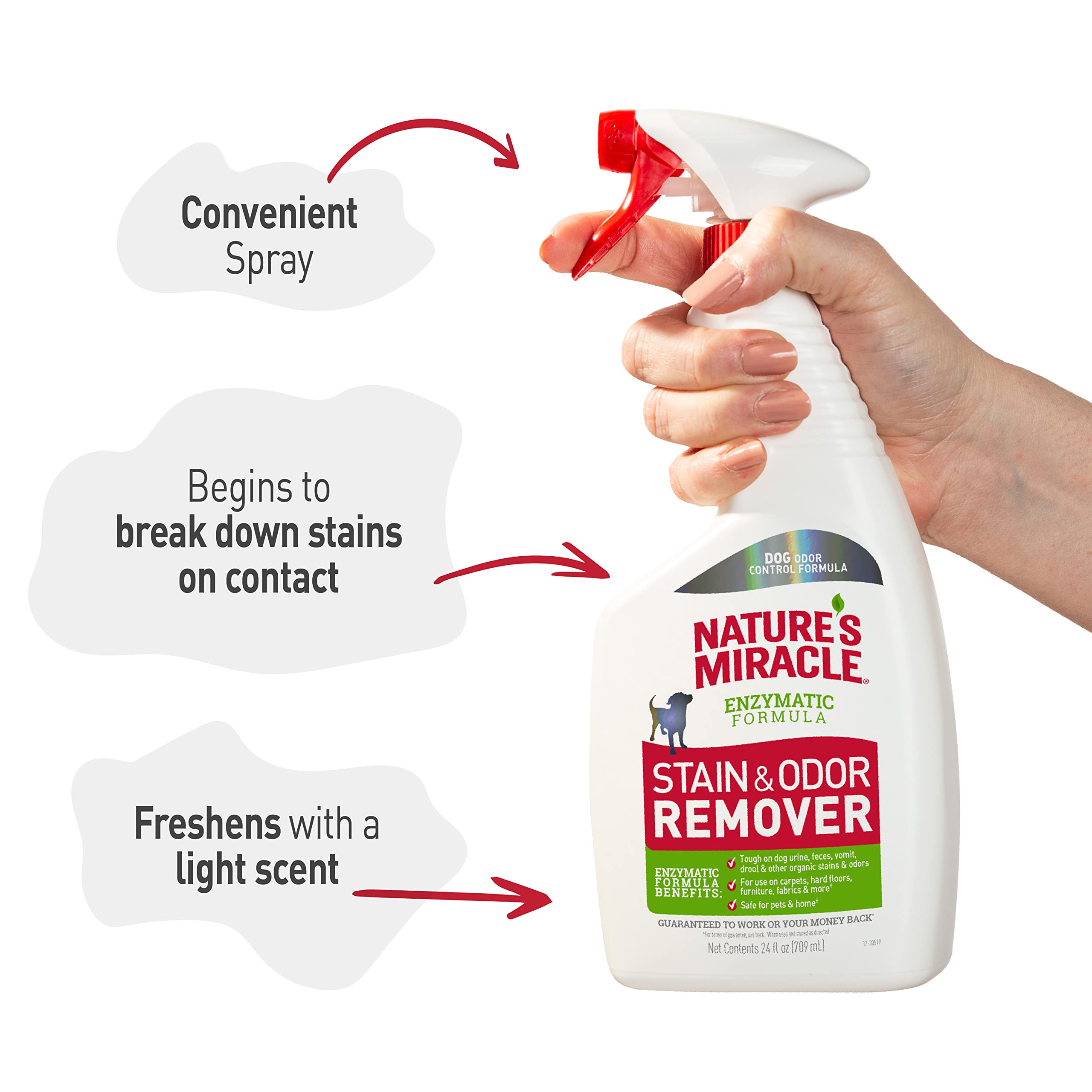 Nature’s Miracle tratamiento para fibras textiles, alfombras y suelos compatibles.
