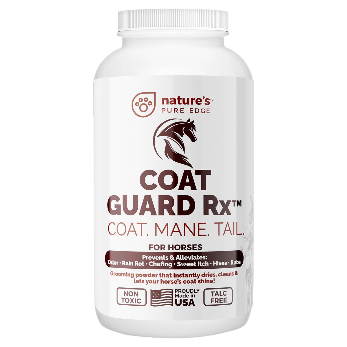 Nature's Pure Edge Coat Guard Rx: polvo para el pelaje del caballo, limpieza y protección.