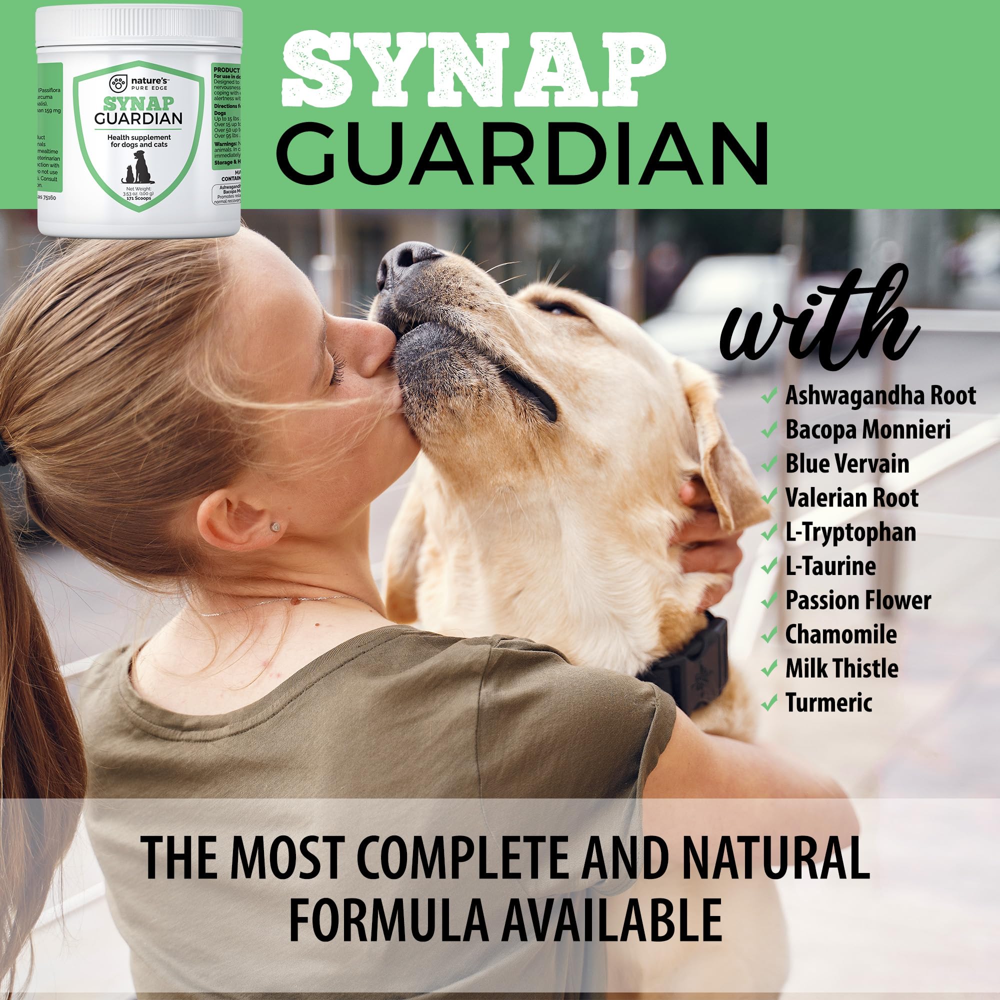 Frasco de Synap Guardian con cuchara medidora para dosificación.