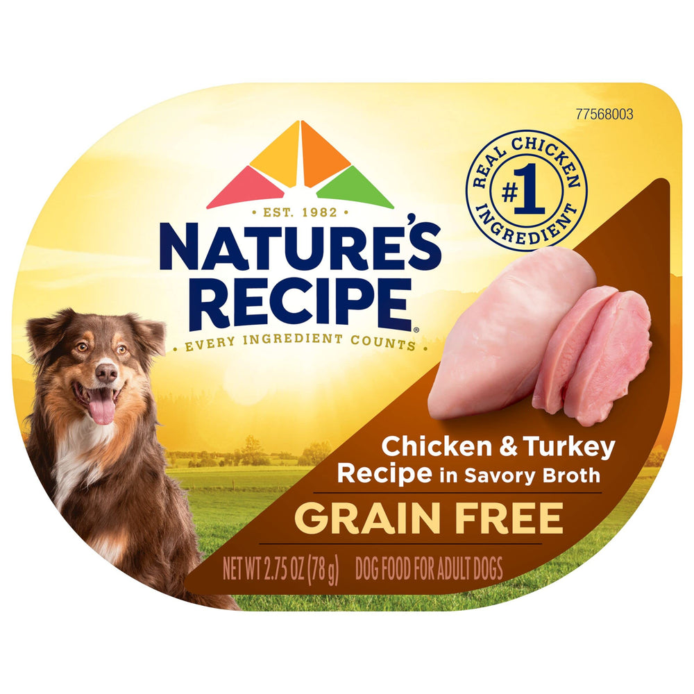 Nature's Recipe alimento húmedo para perros, copa 12, pollo y pavo en caldo sabroso.
