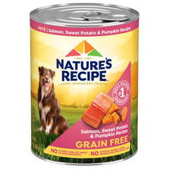 Lata Nature's Recipe con salmón real, proteína de alta calidad.