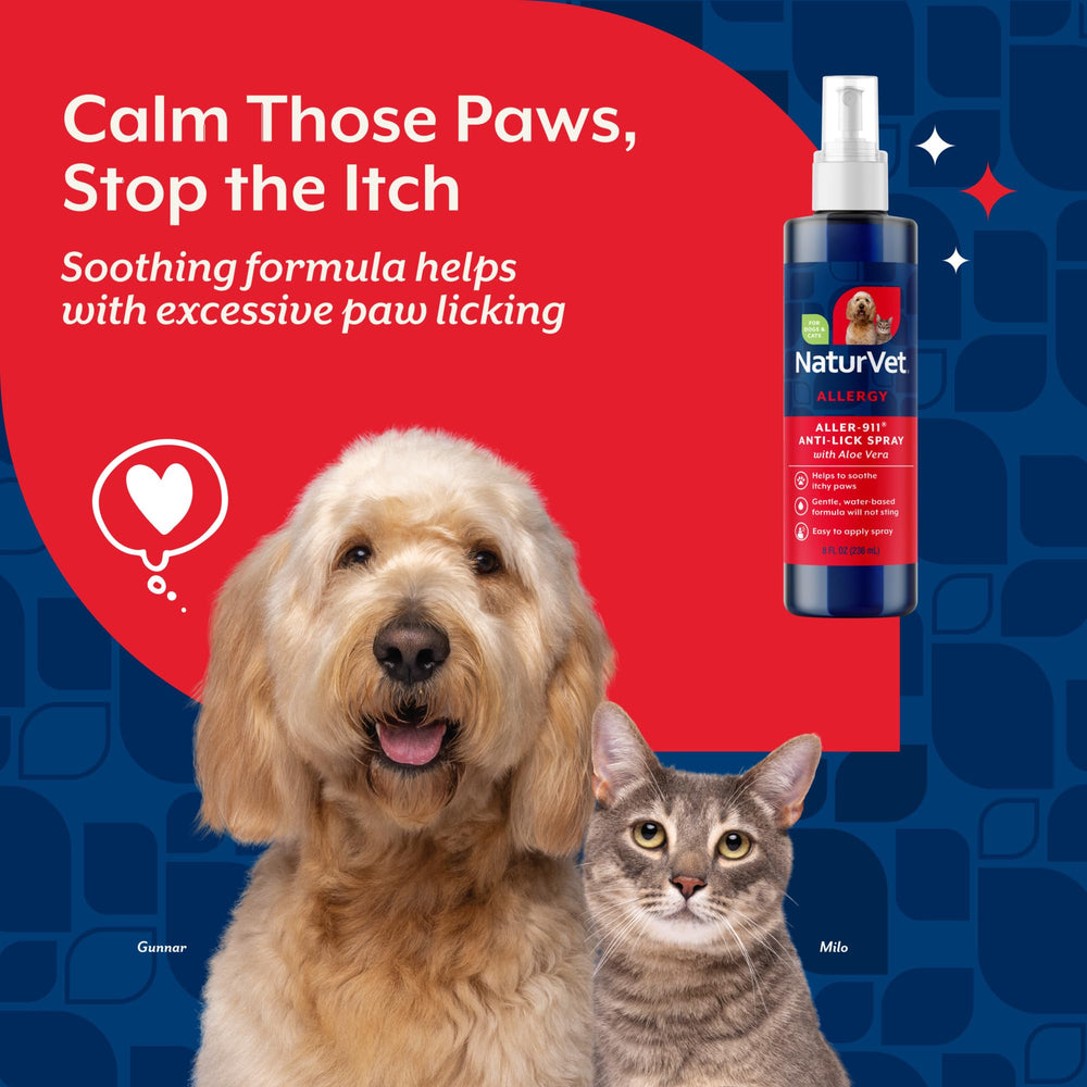 NaturVet Aller-911 anti-lick spray for dogs and cats shields paws from irritants.