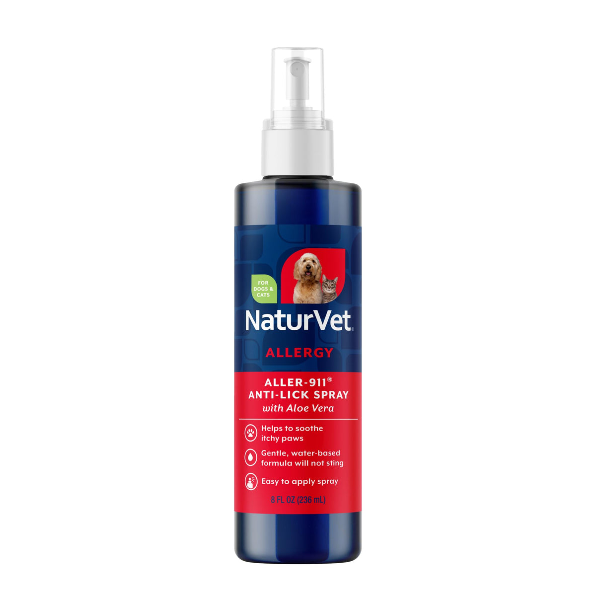 NaturVet Aller-911 anti-lick paw spray bottle for dogs and cats soothes itchy paws.
