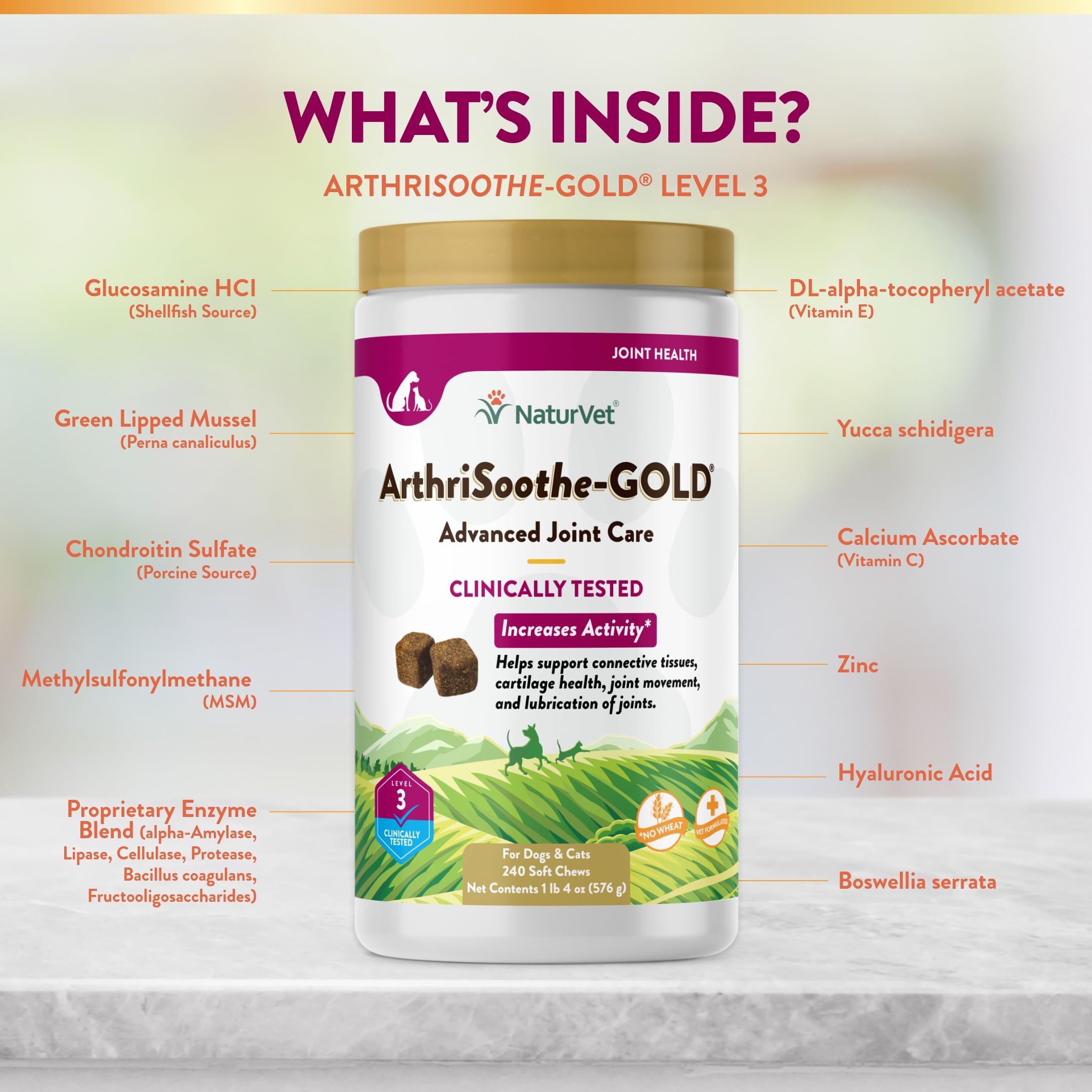 NaturVet ArthriSoothe-Gold con condroitina para lubricación de articulaciones y movimientos.