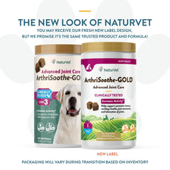 NaturVet ArthriSoothe-Gold muestra glucosamina para soporte articular diario en perros.