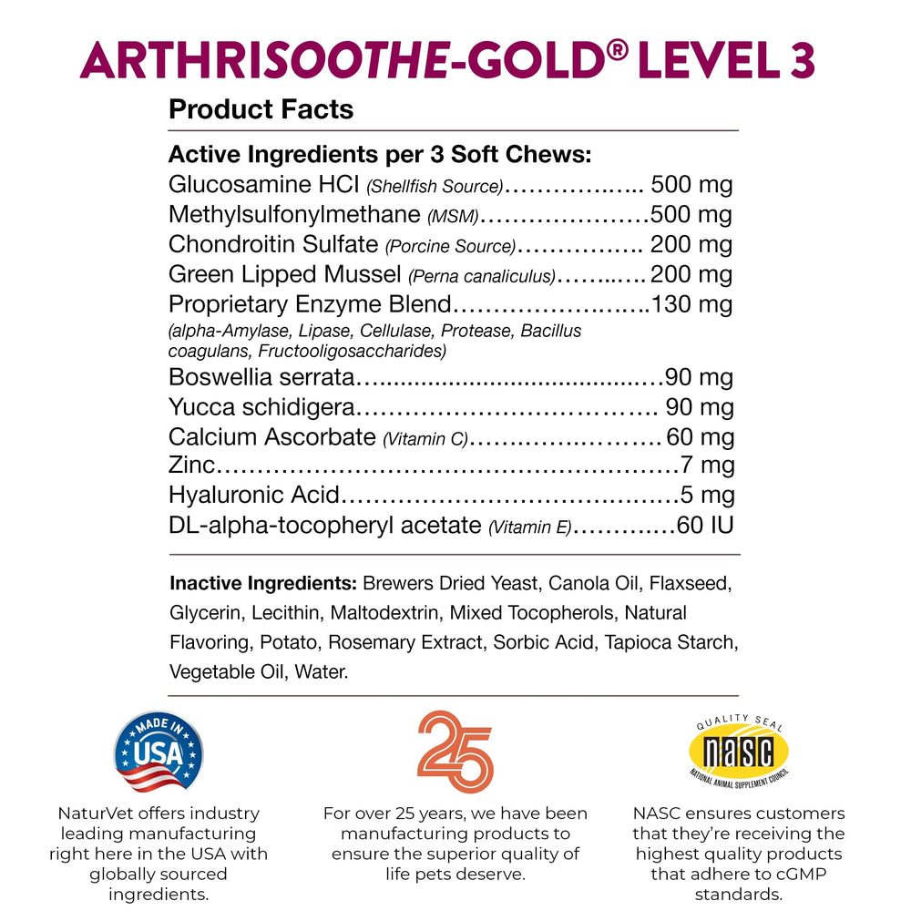 NaturVet ArthriSoothe-Gold para perro, premio sabroso que cuida su movilidad.