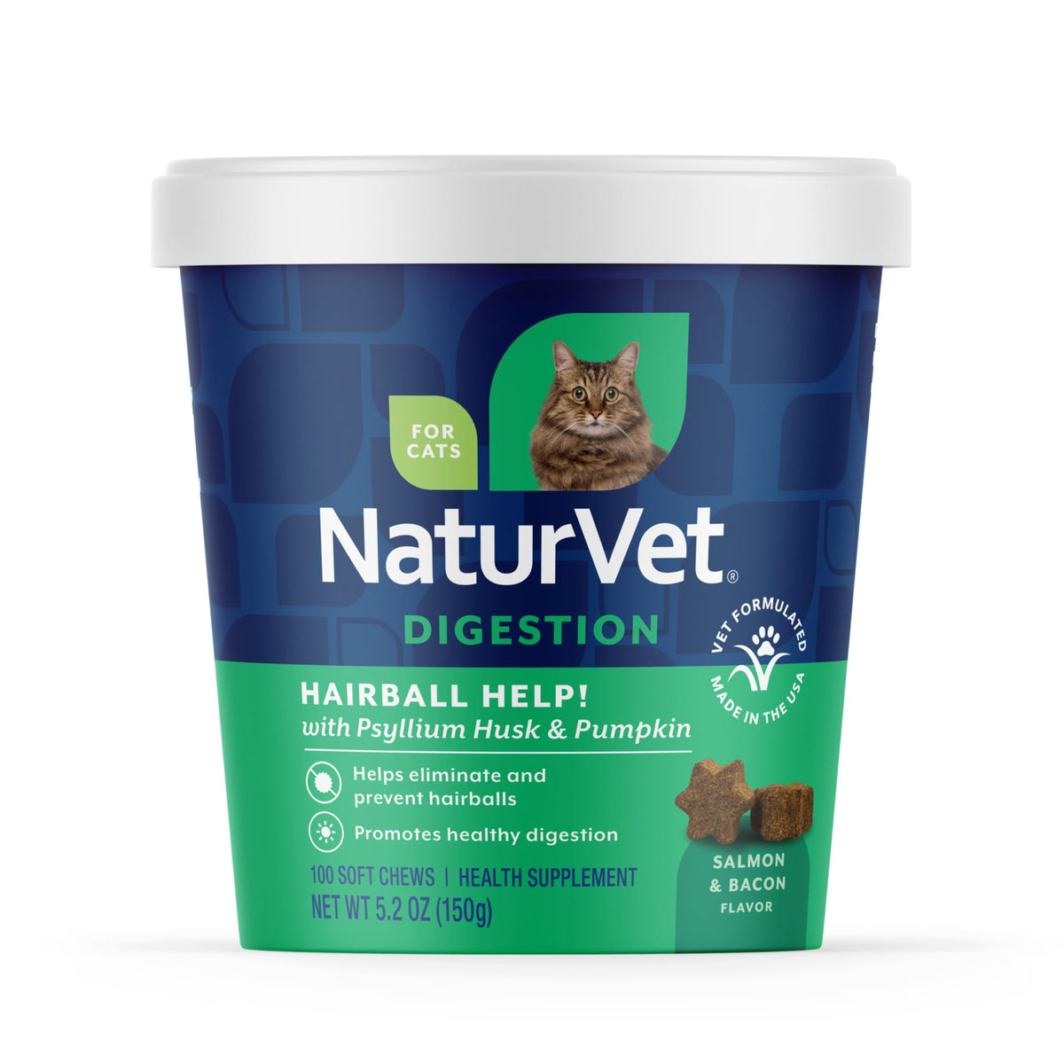 NaturVet ayuda-bolas-pelo-gatos: gomitas suaves en envase, cuidado diario.
