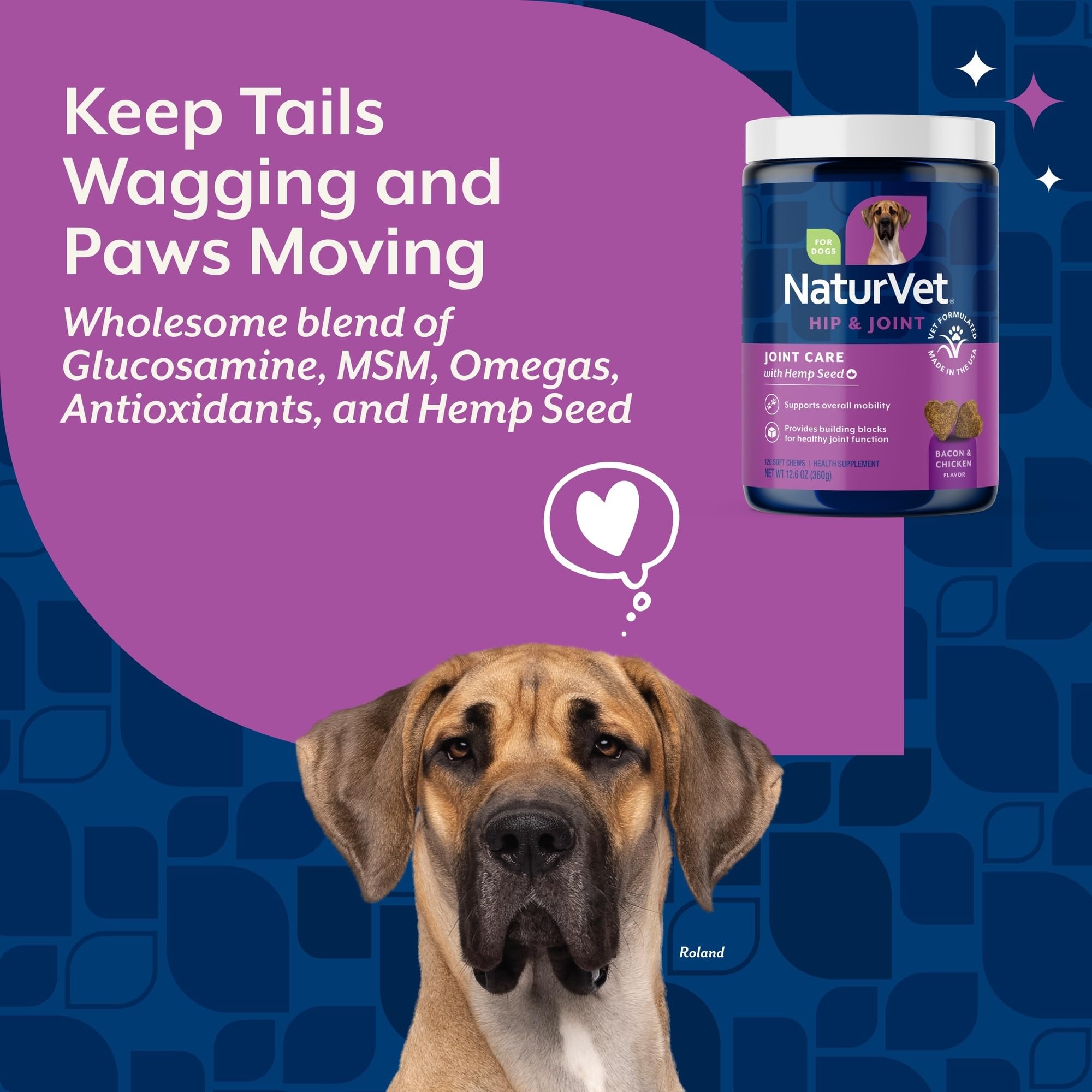 NaturVet etiqueta del producto, articulaciones para perros, muestra ingredientes clave para el soporte articular