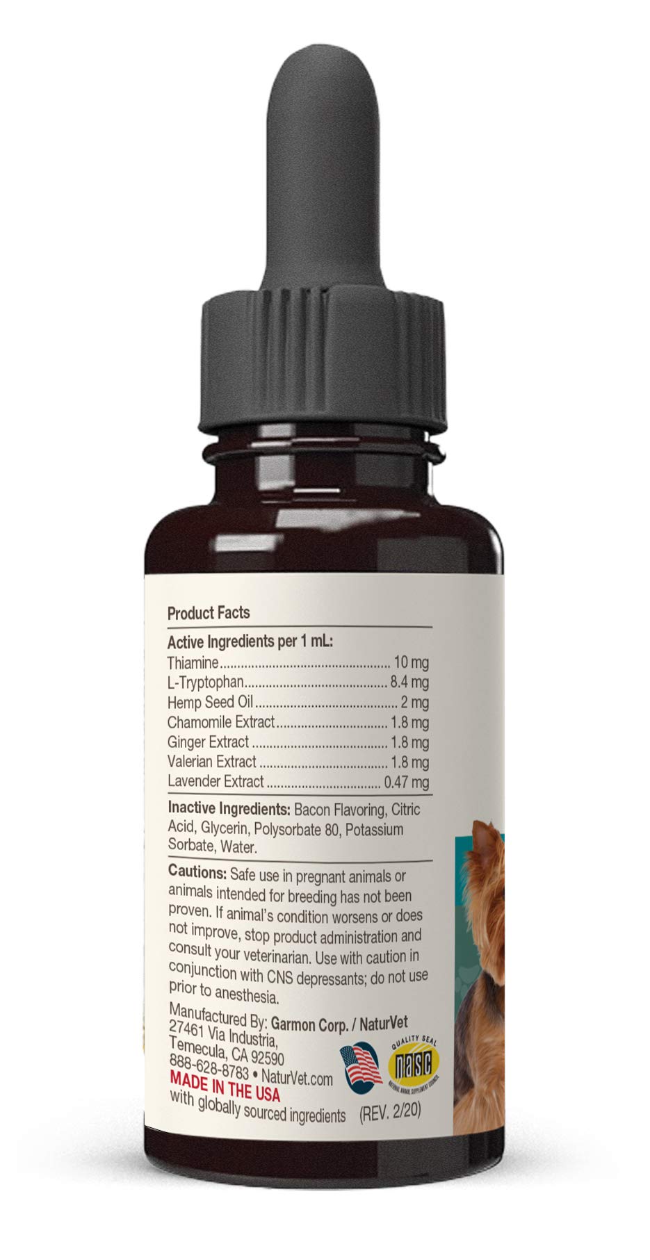 NaturVet Etiqueta frontal de la botella, información clara para tranquilidad en casa.