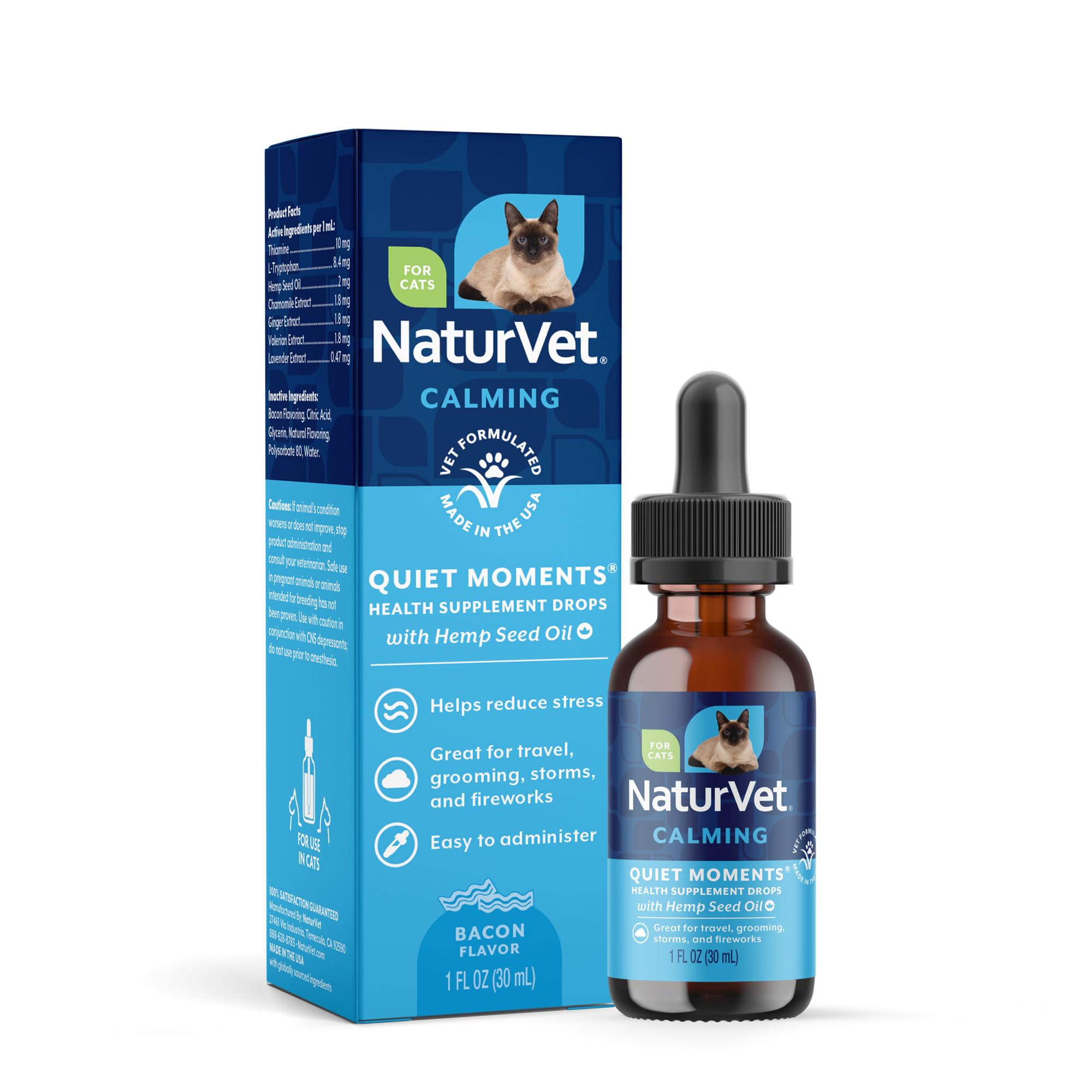 NaturVet Gotas Calmantes para Gatos en frasco, promueven relajación suave.