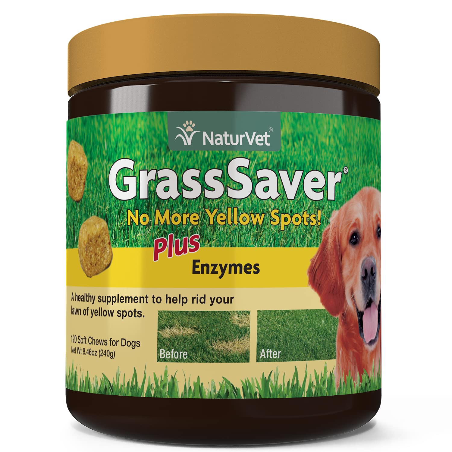 NaturVet GrassSaver: etiqueta clara con ingredientes clave para perros.