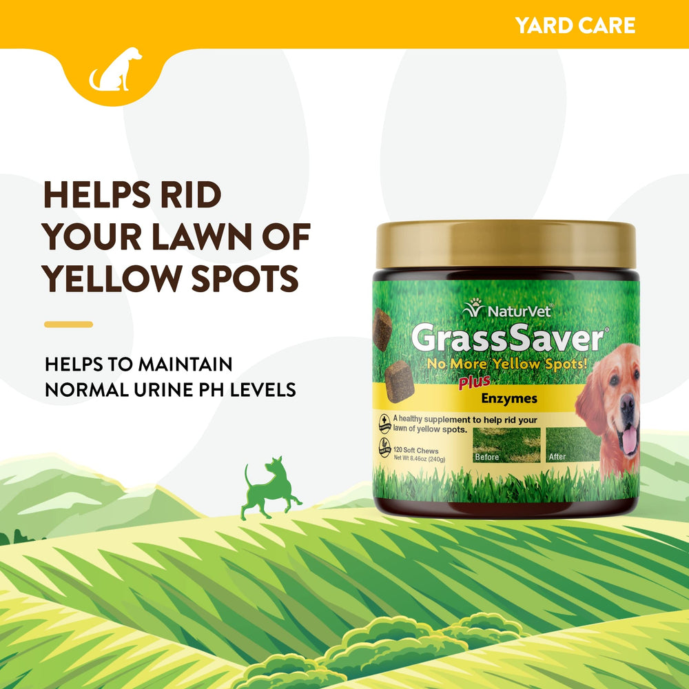 Frasco de NaturVet GrassSaver, dosificación fácil para perros de todas las tallas.