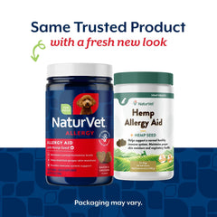 NaturVet Hemp Allergy Aid, etiqueta detallada, información de nutrientes para la salud del perro.