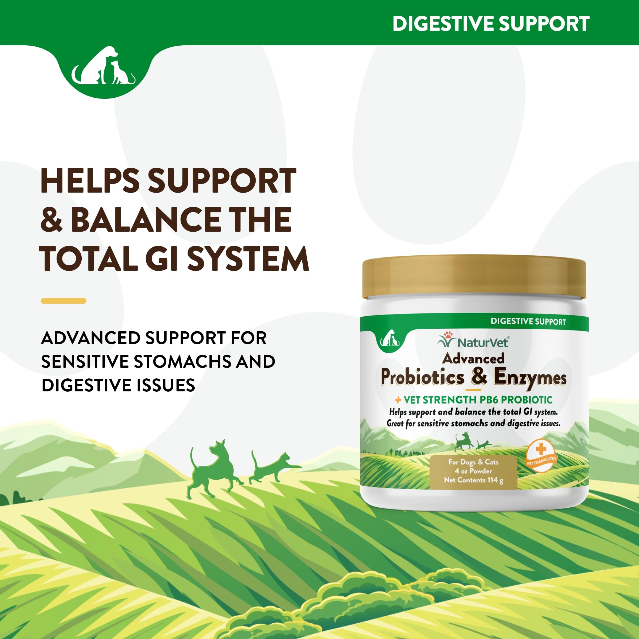 PB6 de NaturVet en polvo para perros y gatos con beneficios digestivos