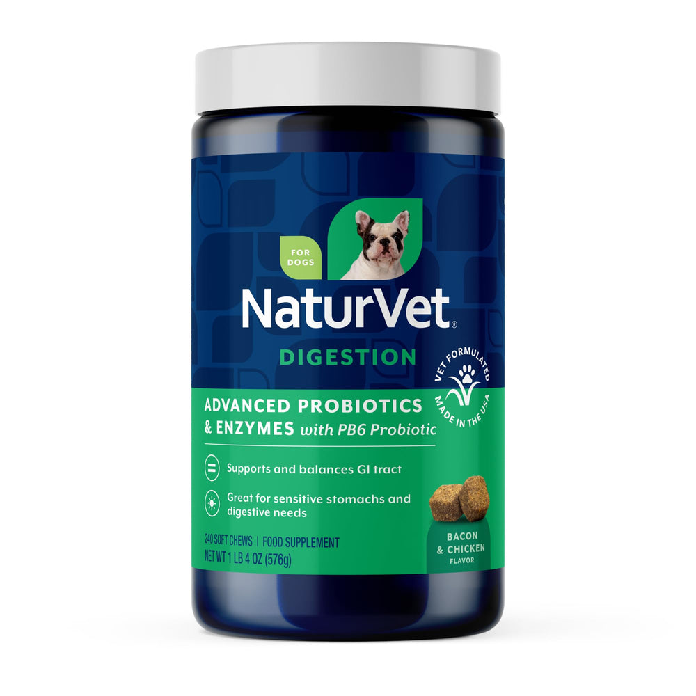 NaturVet PB6 frasco de 240 unidades, apoyo digestivo diario para perros.