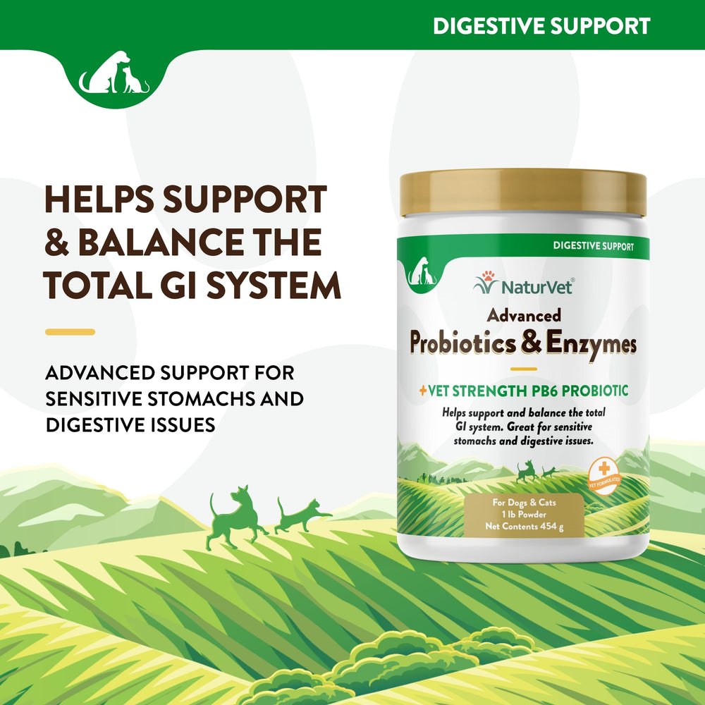 NaturVet probiotico PB6 en polvo para perros y gatos, soporte digestivo.
