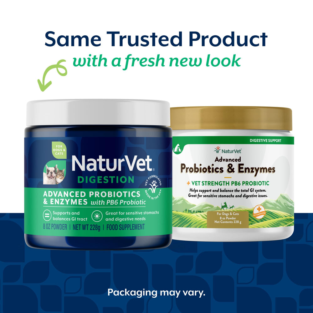 NaturVet mezcla de probióticos y enzimas en polvo para mascotas.