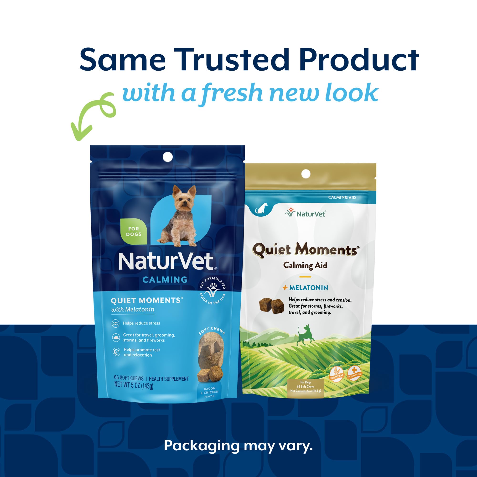 NaturVet Quiet Moments bocadillos-masticables sabor bacon y pollo para calma diaria.