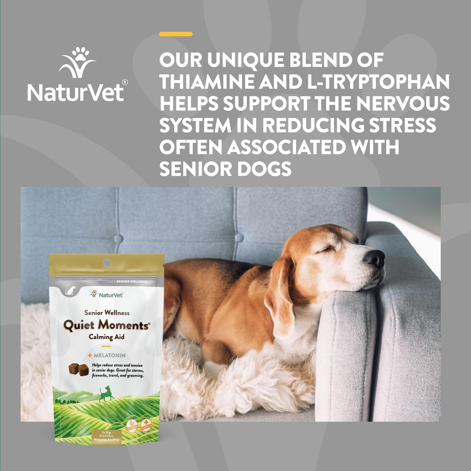NaturVet Quiet Moments: empaque presentando el tarro para viaje y uso diario.