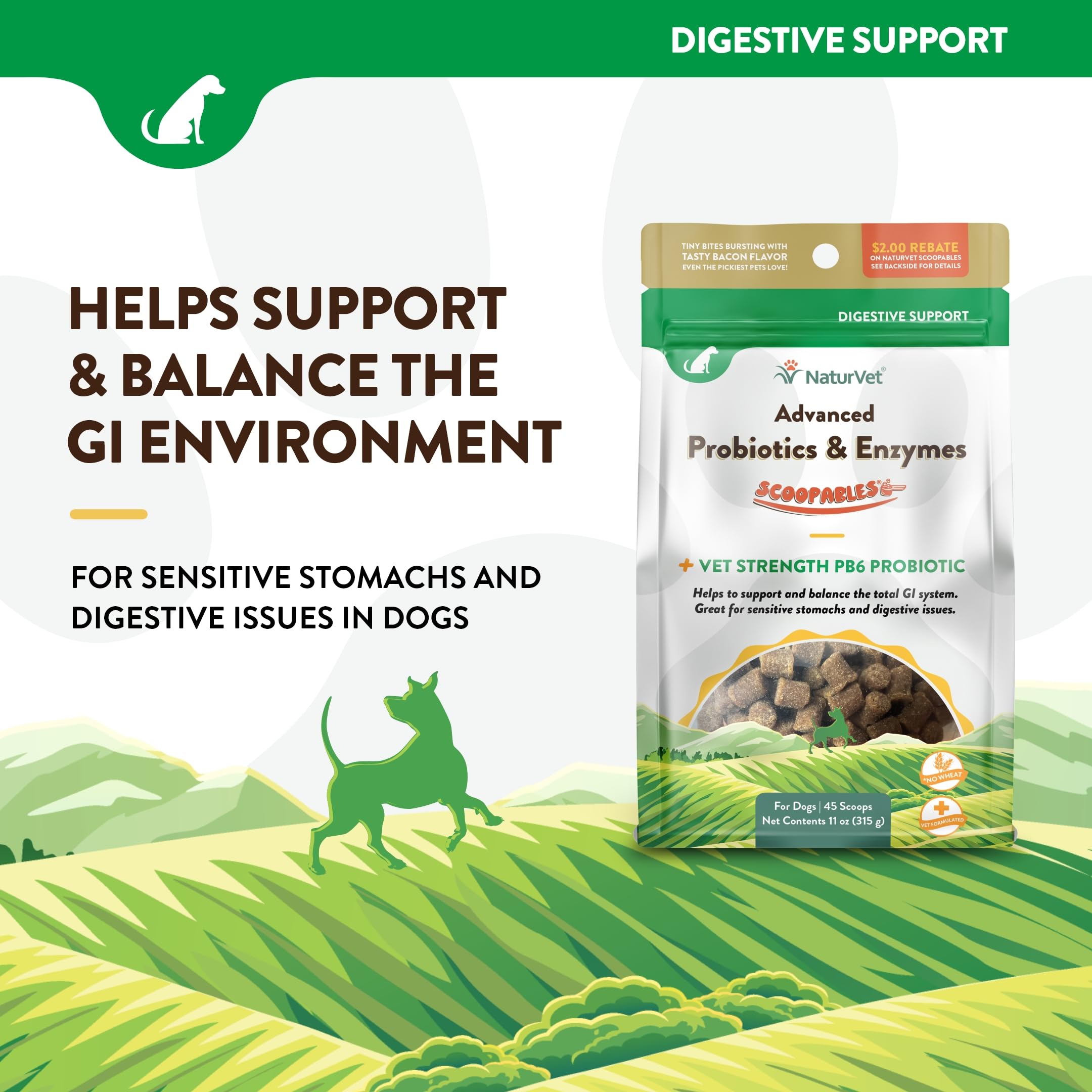 Sabor tocino ahumado de NaturVet Scoopables para perros exigentes.