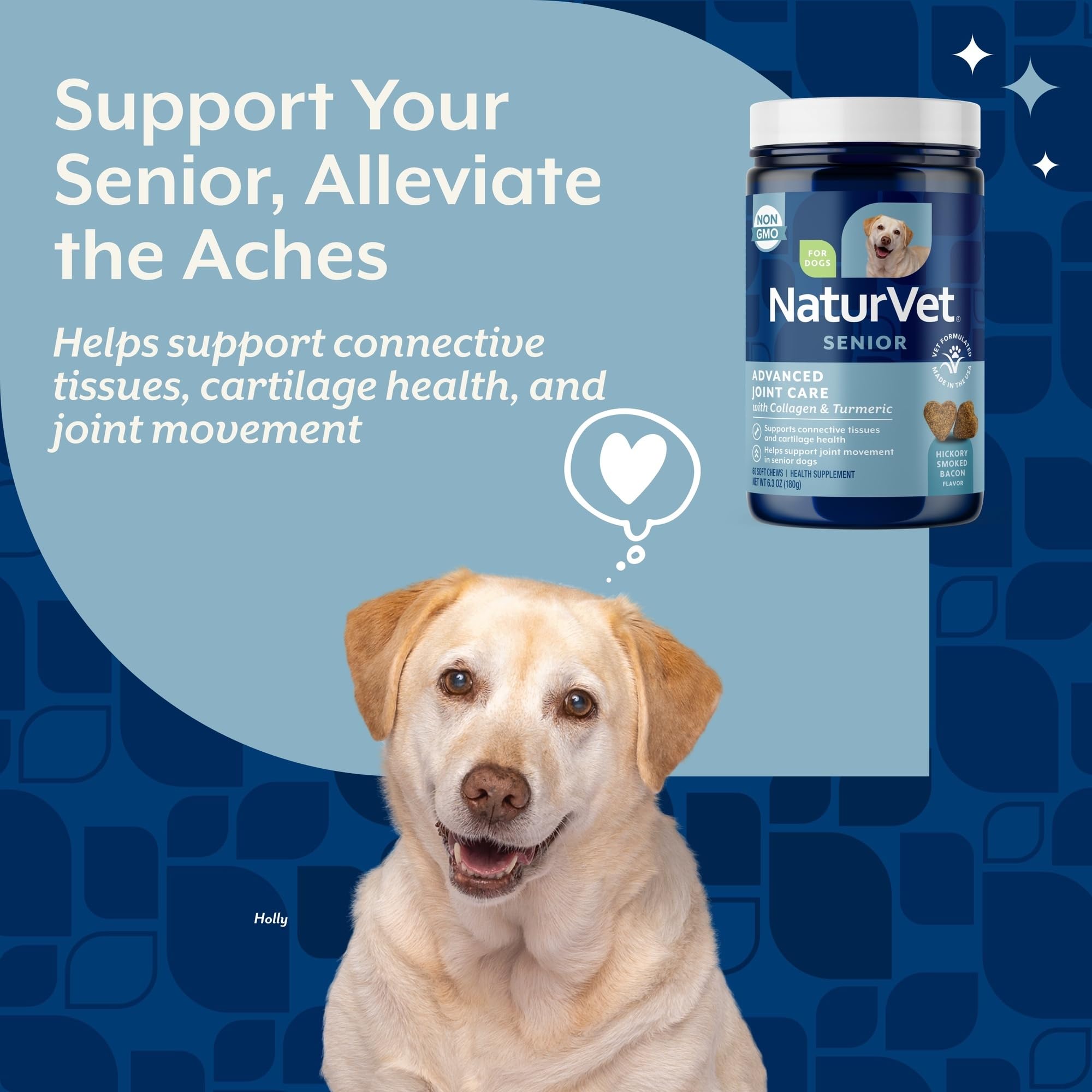 Etiqueta de NaturVet Senior Advanced Joint Health en la botella de 60 unidades