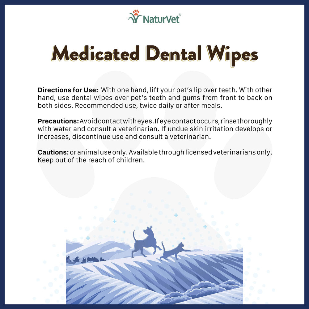 NaturVet toallitas dentales medicadas para perros y gatos, limpieza de dientes y encías para un aliento más agradable.