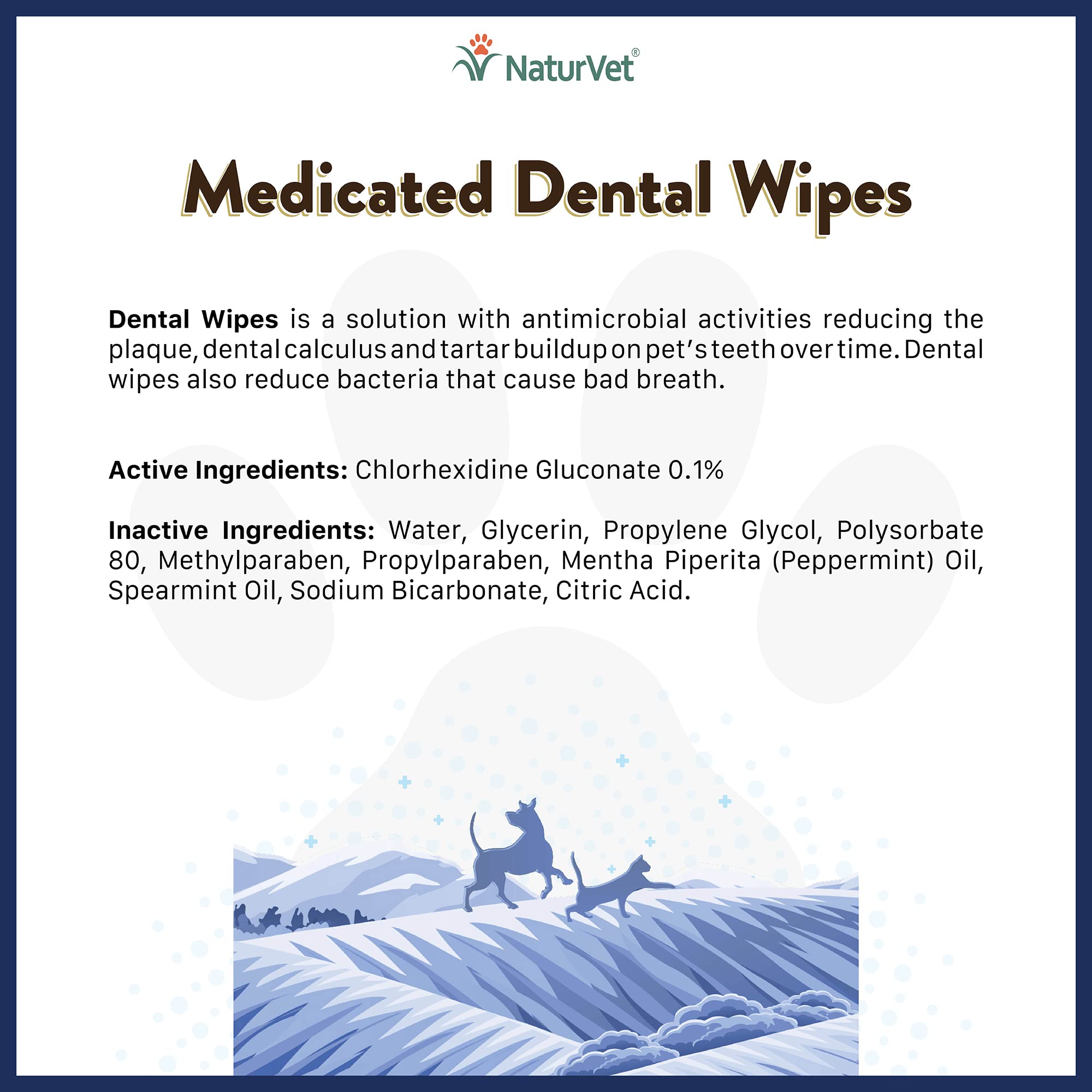 NaturVet toallitas dentales medicadas para perros y gatos, uso en boca para limpiar dientes y encías.