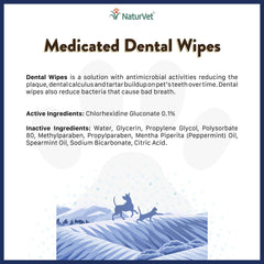 NaturVet toallitas dentales medicadas para perros y gatos, uso en boca para limpiar dientes y encías.