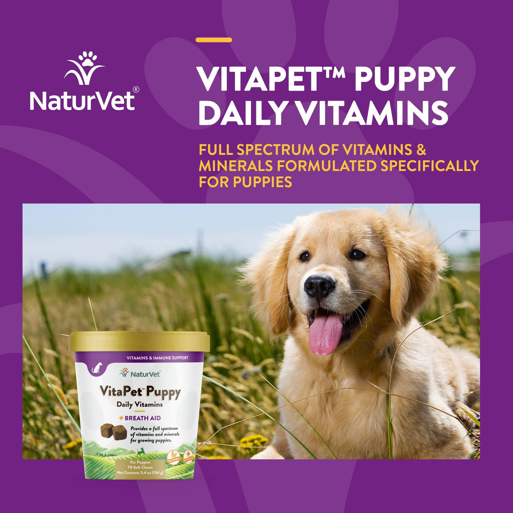 NaturVet VitaPet cachorros consumiendo masticable: uso cotidiano.