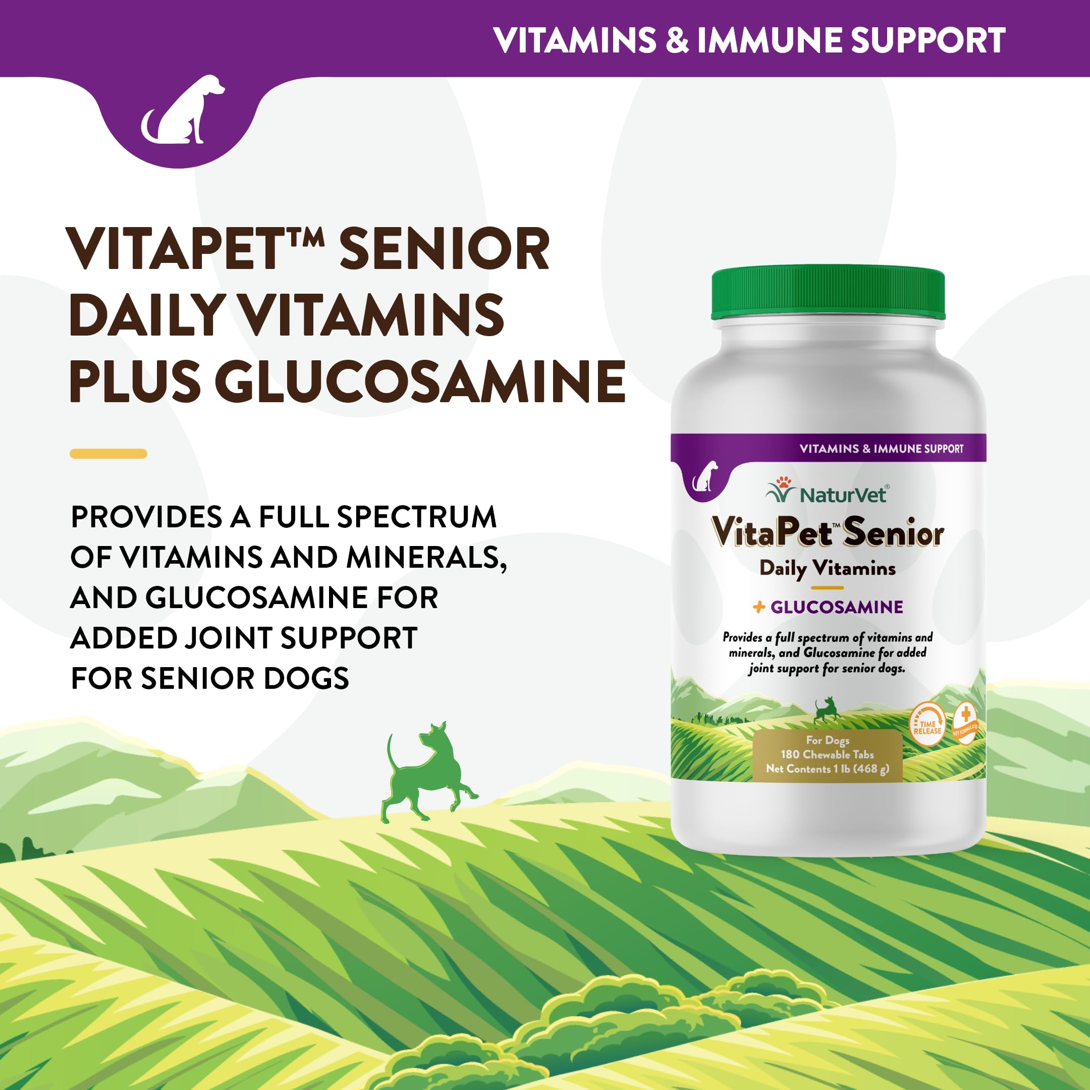 NaturVet VitaPet Senior etiqueta de nutrientes completa para perros mayores.
