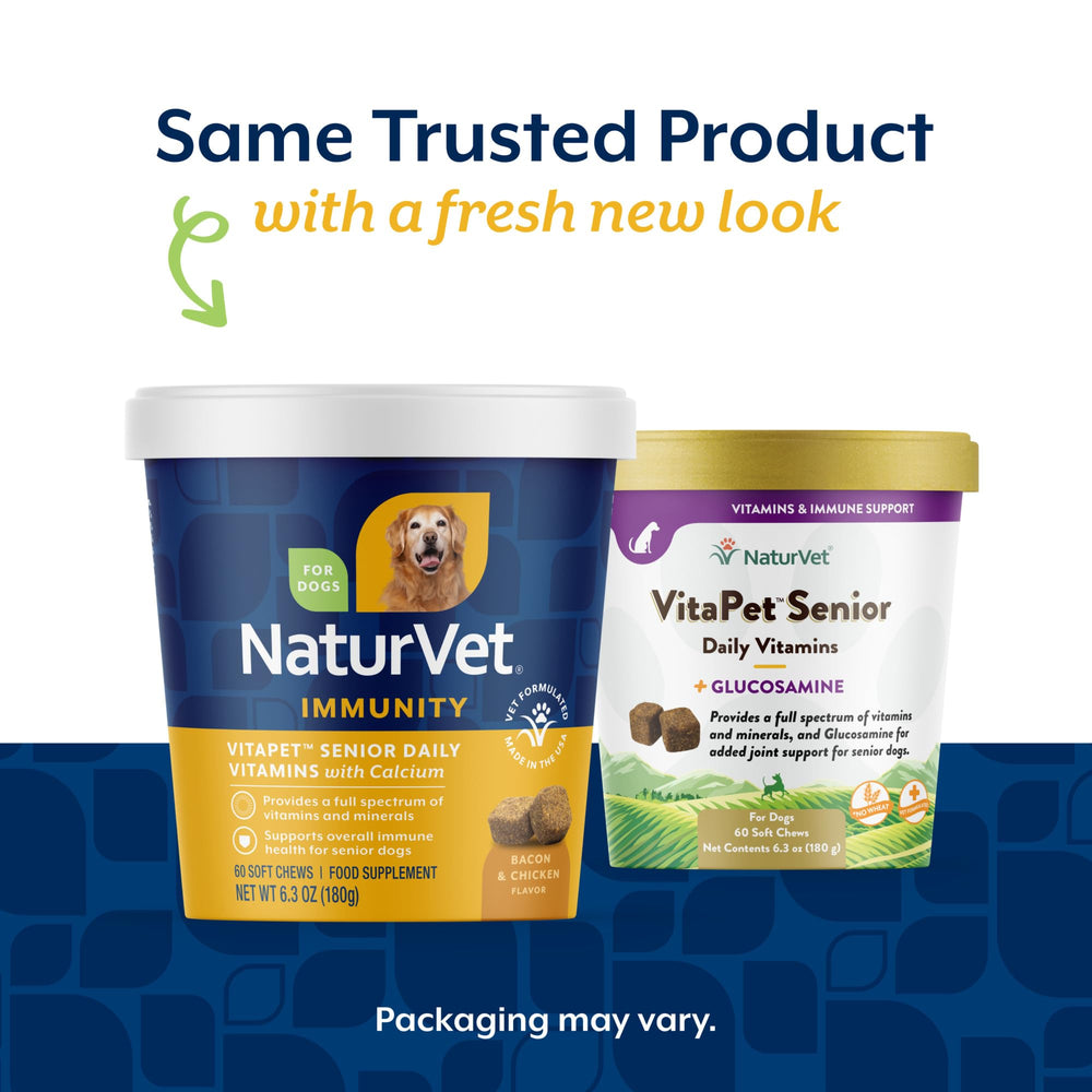 Etiqueta del producto NaturVet VitaPet Senior, fórmula para perros mayores.