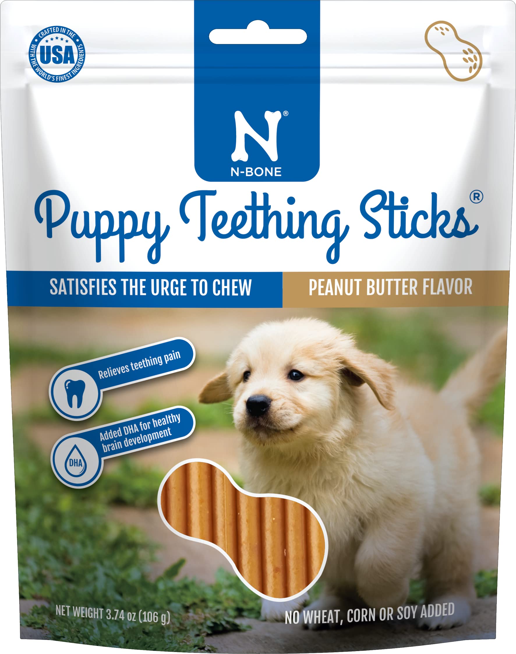 N-Bone Puppy Palitos de dentición con mantequilla de maní dentro de una bolsa, sabor agradable.