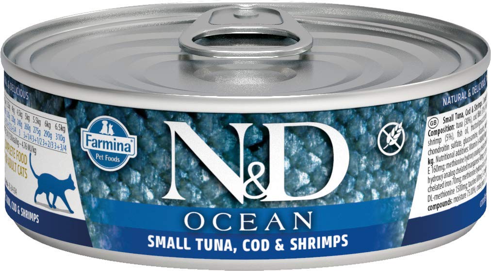 N&D Océano Gato, lata de 80 g con atún, bacalao y camarones, sabor marino para recompensa.