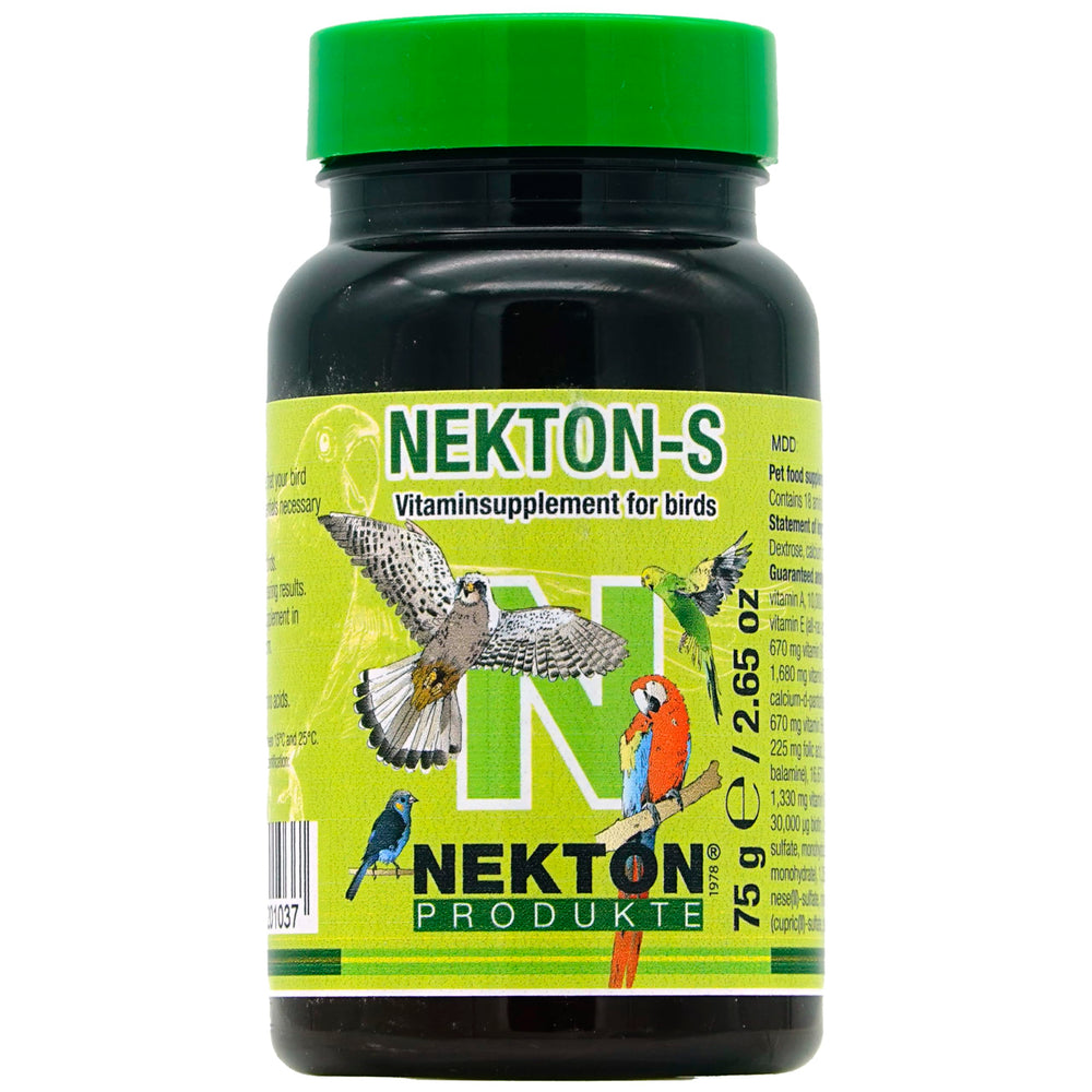 Nekton-S: botella de multivitaminas para aves, soporte nutricional diario.