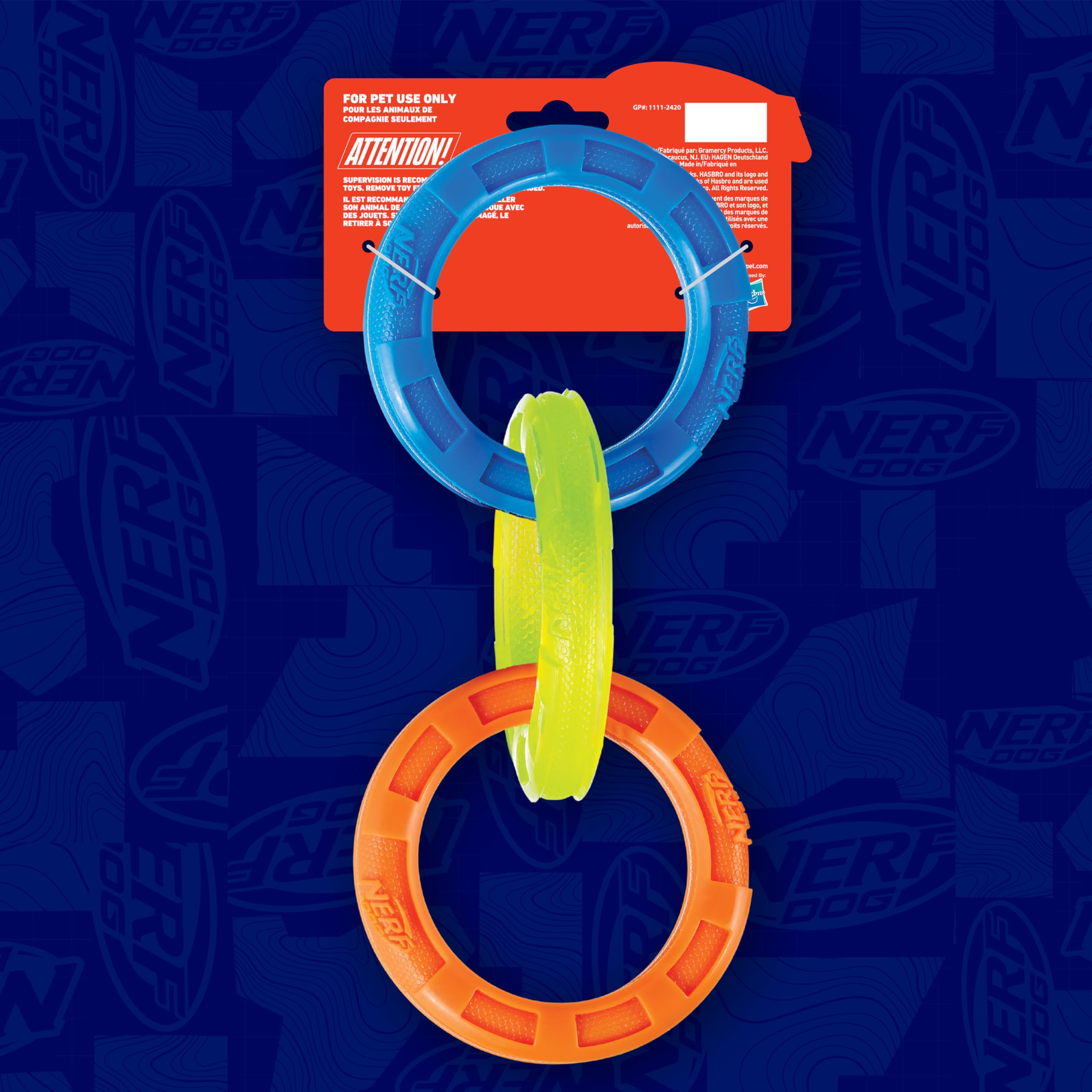 Nerf Dog 11.5in tres-anillos TPR Tug, portátil y ligero, fácil de llevar.