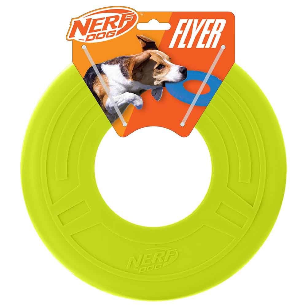 Disco volador Nerf Dog Atomic Flyer de 10 pulgadas en verde, ideal para juego al aire libre.