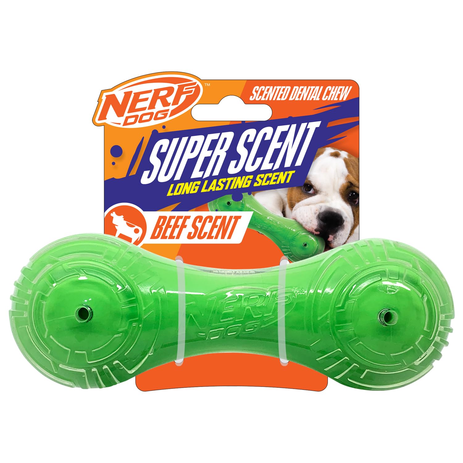 Nerf Dog barra aroma carne, verde transparente, ideal para juego interactivo y mordida segura