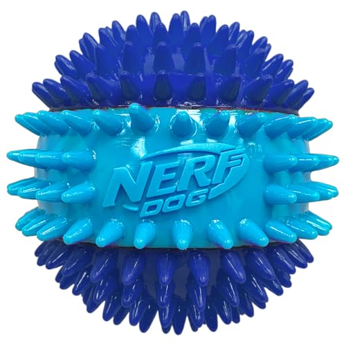Nerf Dog bola 3-partes con espigas en azul claro, fomenta mordida y limpieza dental.