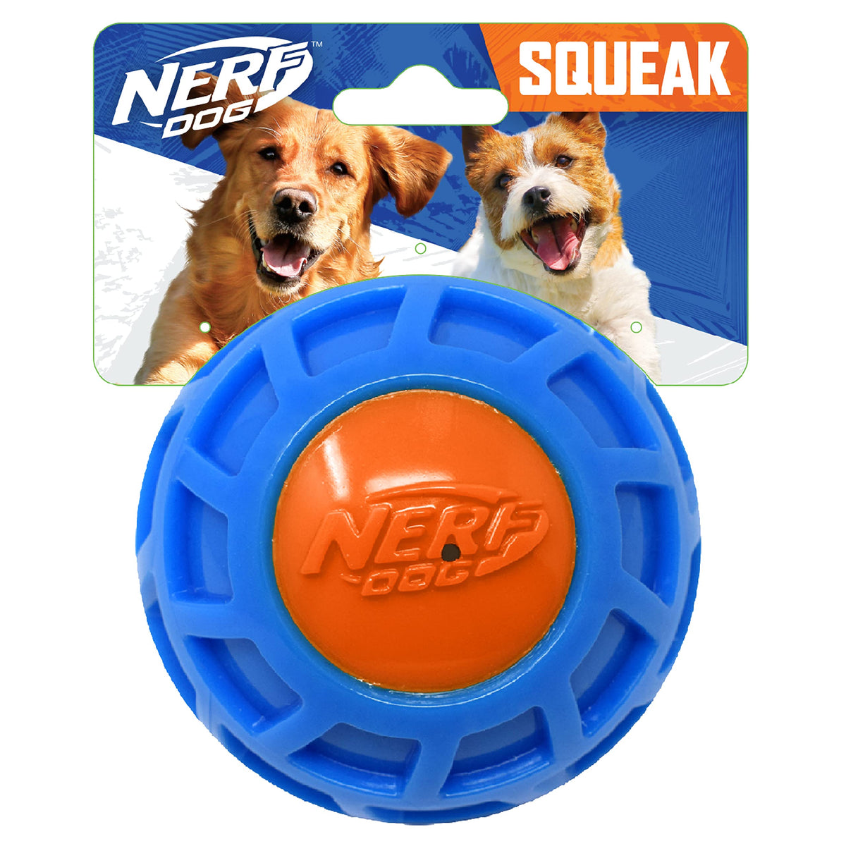 Nerf Dog bola-squeak-4in-azul-naranja: ideal para juegos de buscar al aire libre.