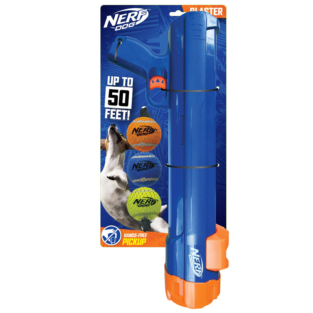 Nerf Dog lanzador de bola de tenis tamaño grande azul-naranja en acción