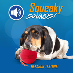Pelota Nerf Dog con textura hexagonal para agarre cómodo.