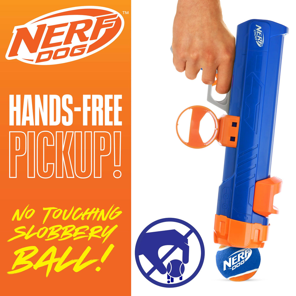 Nerf Dog Tennis Ball Blaster diseño azul y naranja llamativo