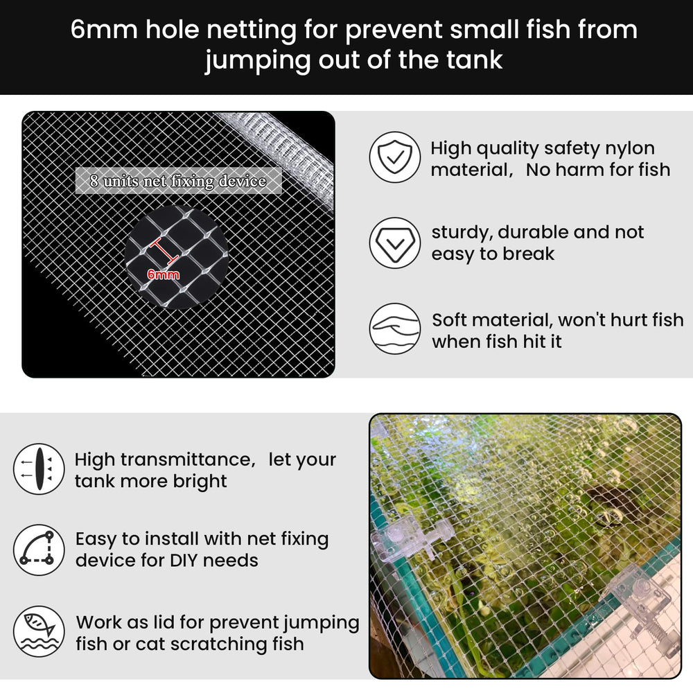 Malla de 1/4 de pulgada evita saltos sin dañar peces.