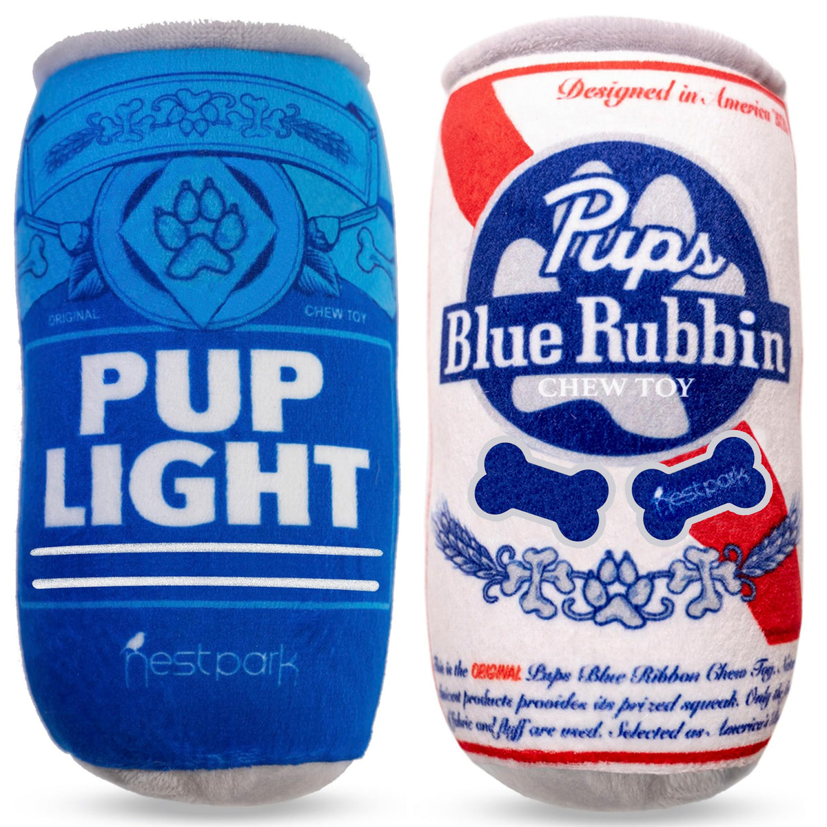 Nestpark Pup Light y Pups Azul Rubbin, juguete parodia cerveza para perro, diversión compartida