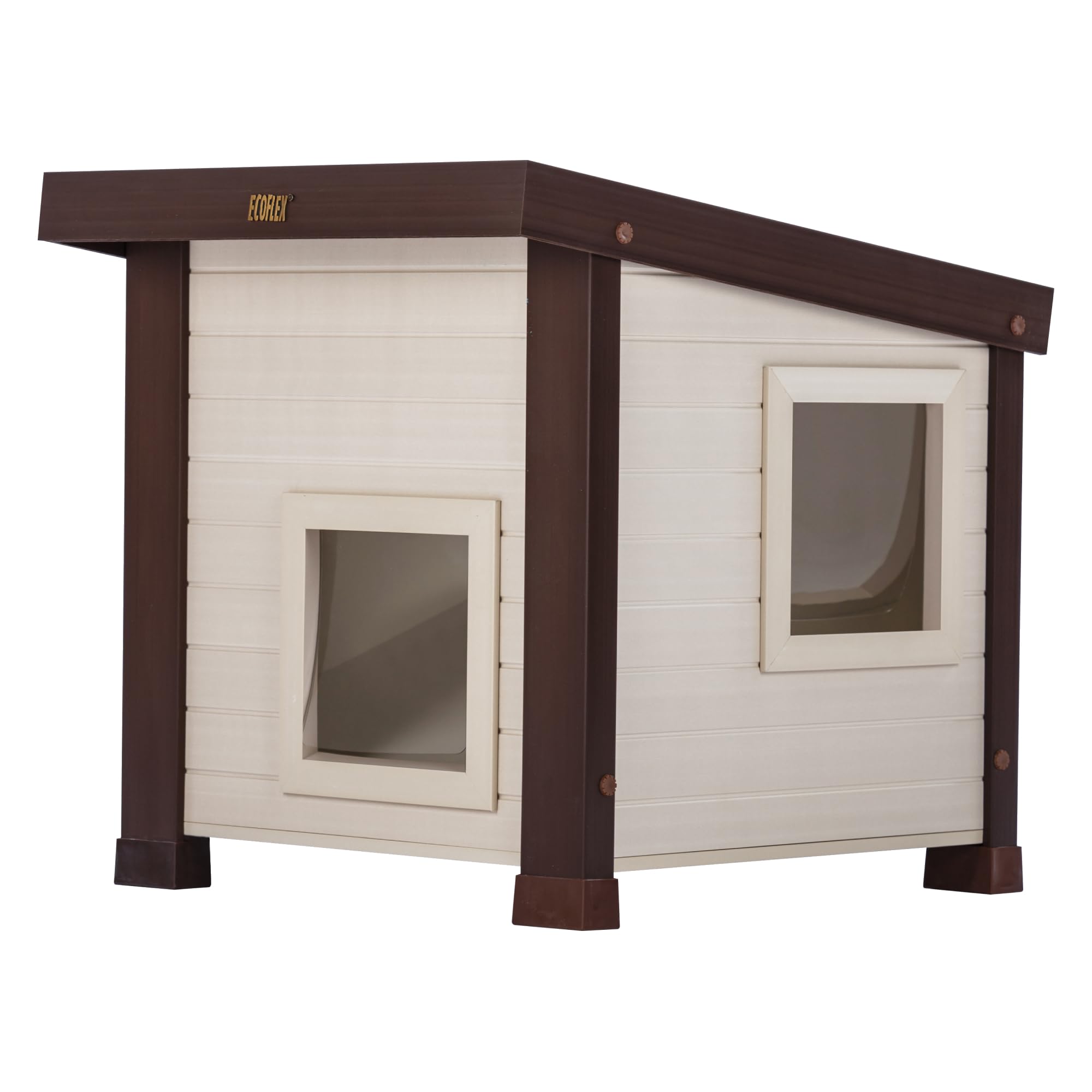 New Age Pet ECOFLEX Albany, vista frontal, refugio exterior para gatos resistente al clima.