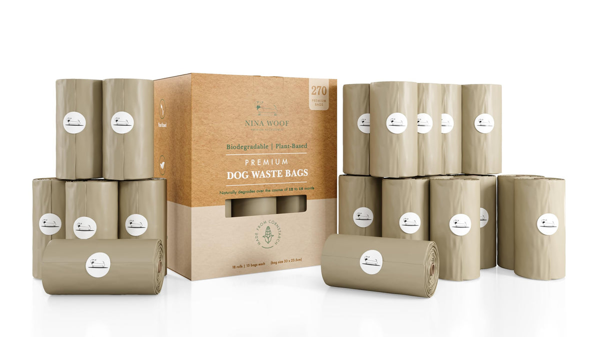 Bolsas Nina Woof compostables para excrementos de perro, resistentes para uso diario.