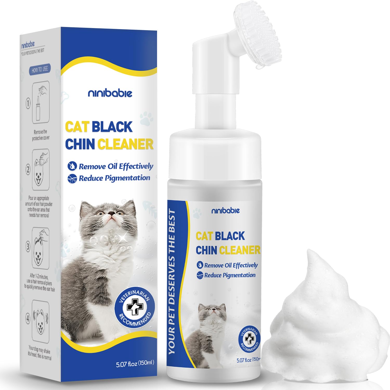 Ninibabie cepillo limpiador para gato, facilita limpieza del mentón sin enjuague.