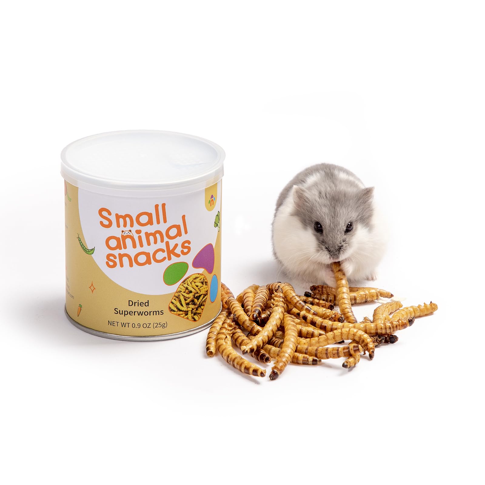 Niteangel gusanos secos en envase, snack natural para mascotas pequeñas.